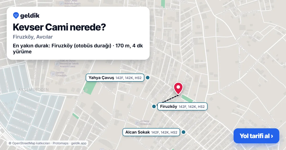 Kevser Cami nerede: haritada konumu ve en yakın duraklar, yürüme süreleriyle