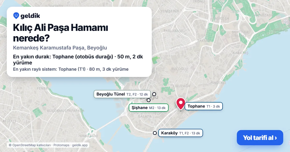 Kılıç Ali Paşa Hamamı nerede: haritada konumu ve en yakın duraklar, yürüme süreleriyle