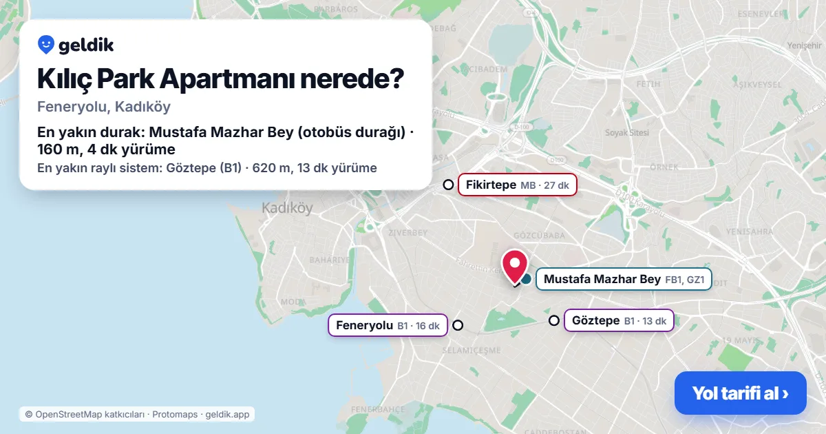 Where is Kılıç Park Apartmanı: map with its location and the nearest stops, with walking times