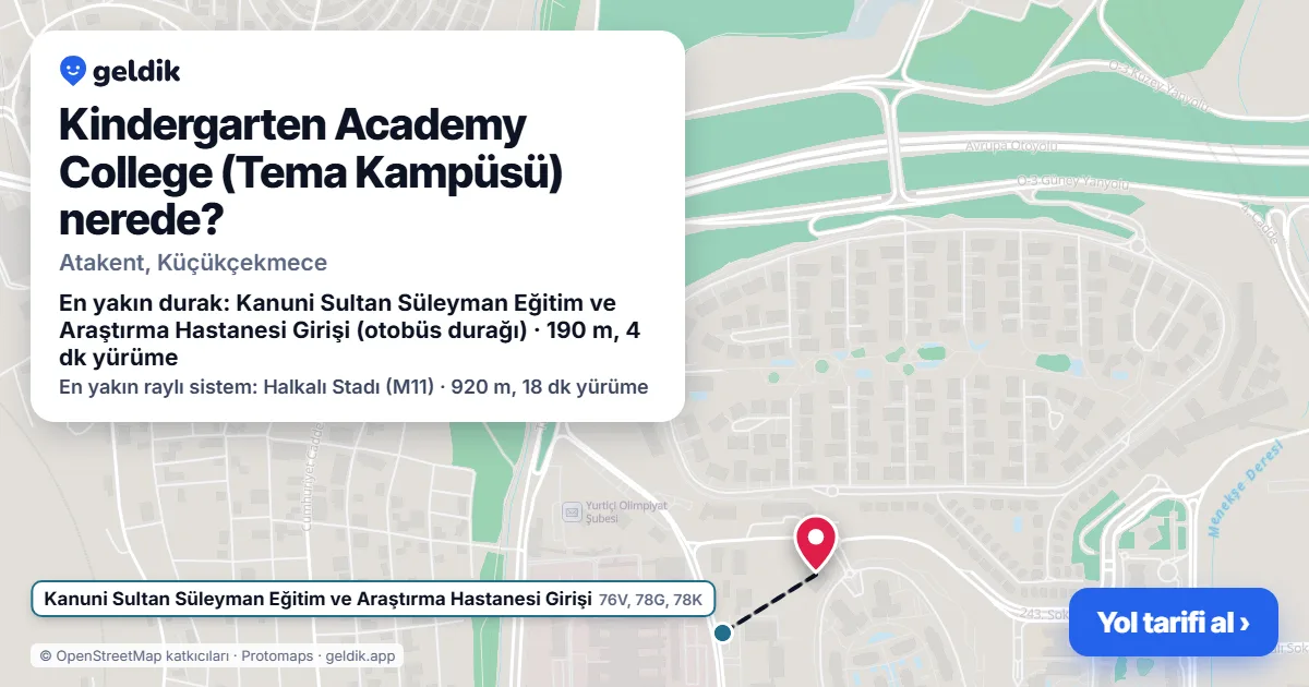 Kindergarten Academy College (Tema Kampüsü) nerede: haritada konumu ve en yakın duraklar, yürüme süreleriyle