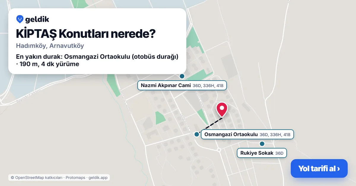 KİPTAŞ Konutları nerede: haritada konumu ve en yakın duraklar, yürüme süreleriyle