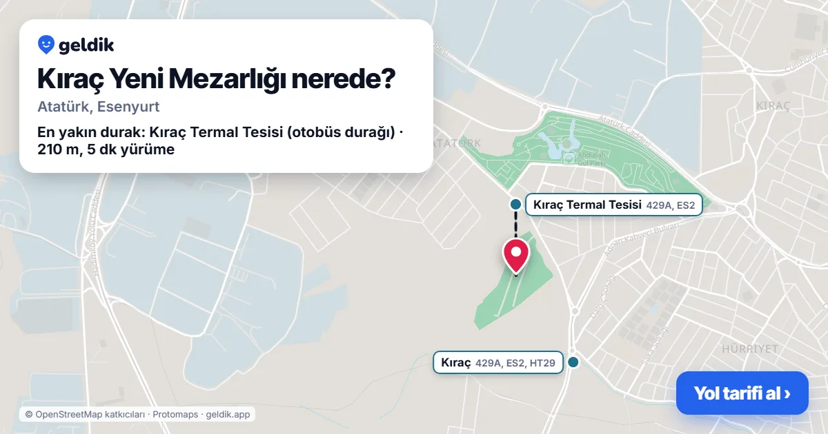 Kıraç Yeni Mezarlığı nerede: haritada konumu ve en yakın duraklar, yürüme süreleriyle