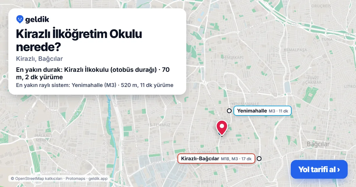 Where is Kirazlı İlköğretim Okulu: map with its location and the nearest stops, with walking times