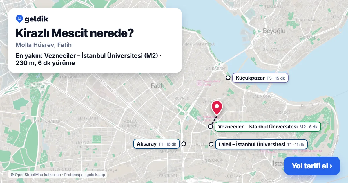 Where is Kirazlı Mescit: map with its location and the nearest stops, with walking times