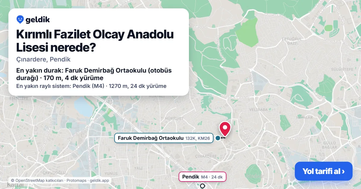 Where is Kırımlı Fazilet Olcay Anadolu Lisesi: map with its location and the nearest stops, with walking times