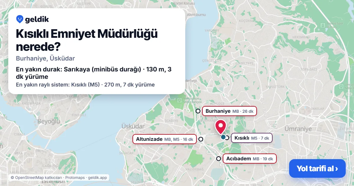 Kısıklı Emniyet Müdürlüğü nerede: haritada konumu ve en yakın duraklar, yürüme süreleriyle