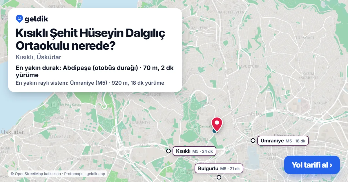 Where is Kısıklı Şehit Hüseyin Dalgılıç Ortaokulu: map with its location and the nearest stops, with walking times