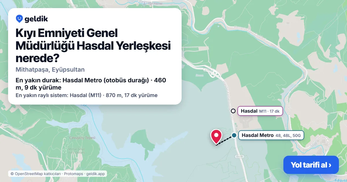 Where is Kıyı Emniyeti Genel Müdürlüğü Hasdal Yerleşkesi: map with its location and the nearest stops, with walking times