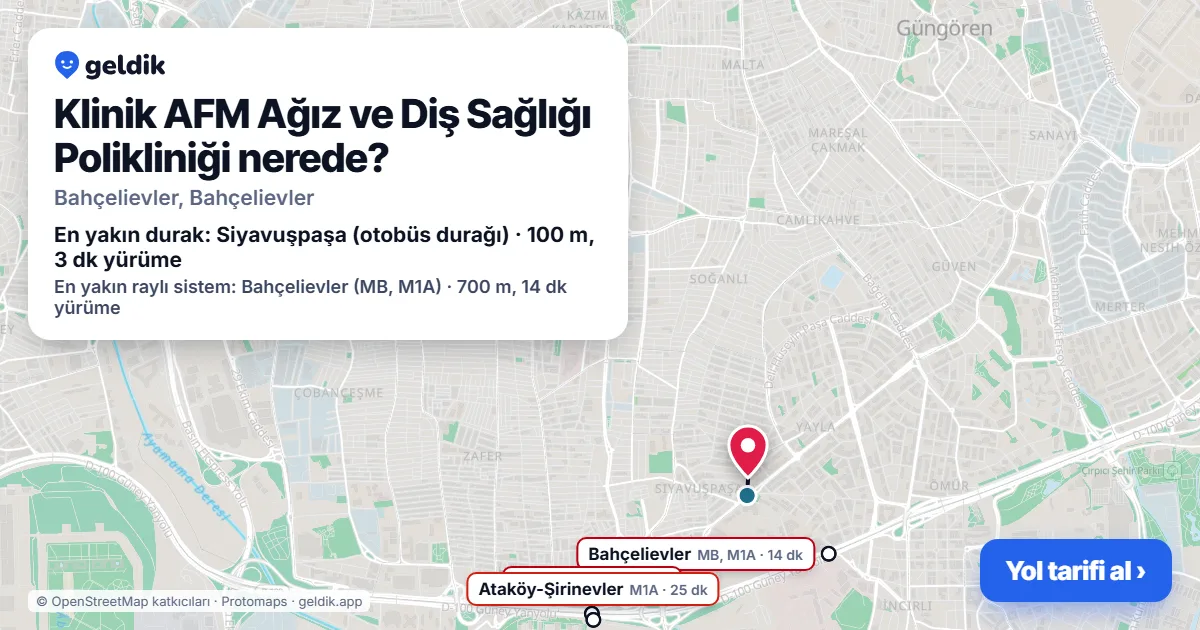 Klinik AFM Ağız ve Diş Sağlığı Polikliniği nerede: haritada konumu ve en yakın duraklar, yürüme süreleriyle