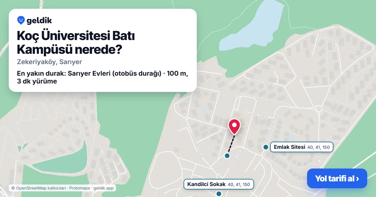 Koç Üniversitesi Batı Kampüsü nerede: haritada konumu ve en yakın duraklar, yürüme süreleriyle