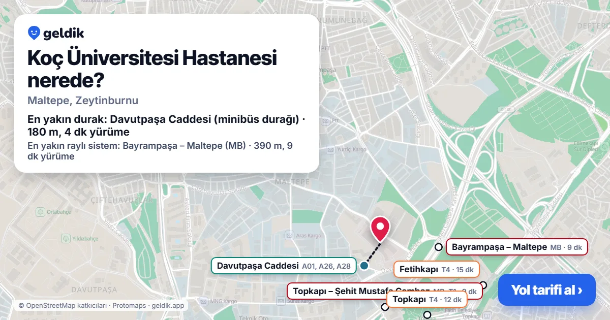 Where is Koç University Hospital: map with its location and the nearest stops, with walking times