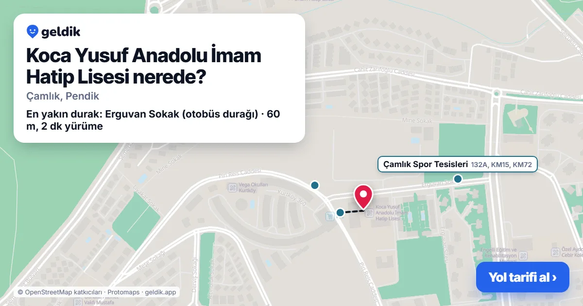 Where is Koca Yusuf Anadolu İmam Hatip Lisesi: map with its location and the nearest stops, with walking times