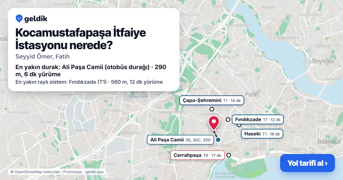 Where is Kocamustafapaşa İtfaiye İstasyonu: map with its location and the nearest stops, with walking times