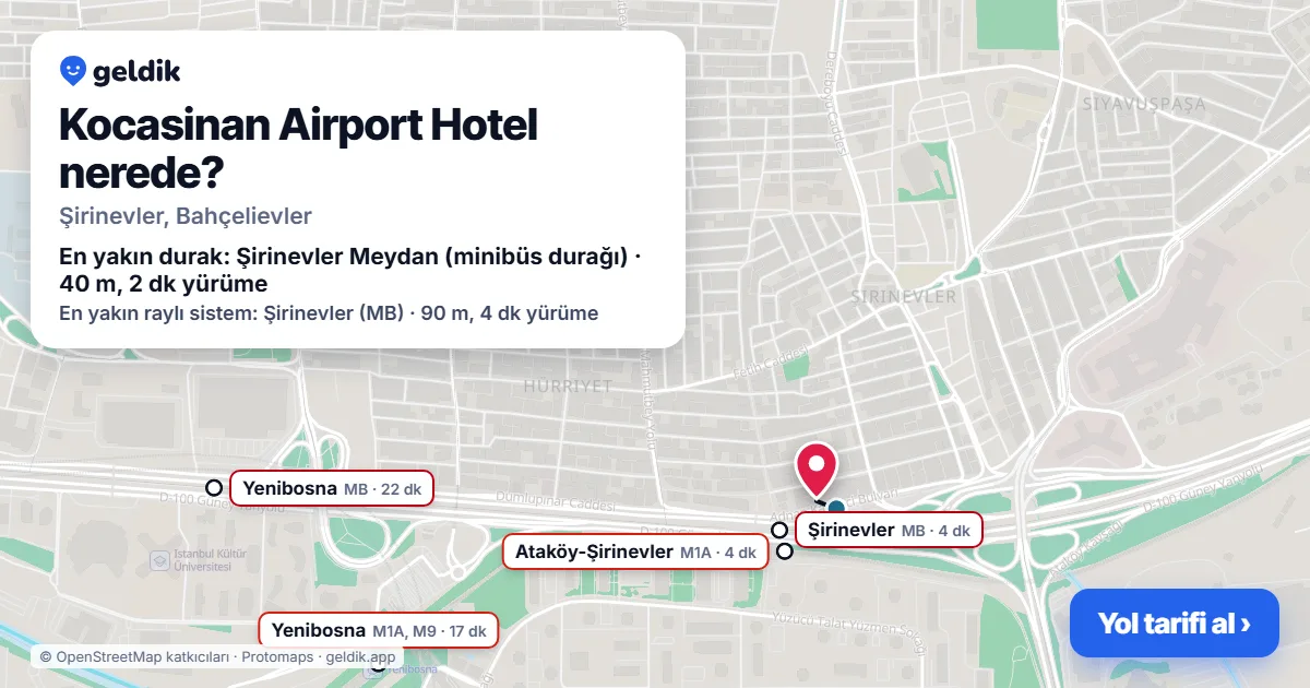 Where is Kocasinan Airport Hotel: map with its location and the nearest stops, with walking times