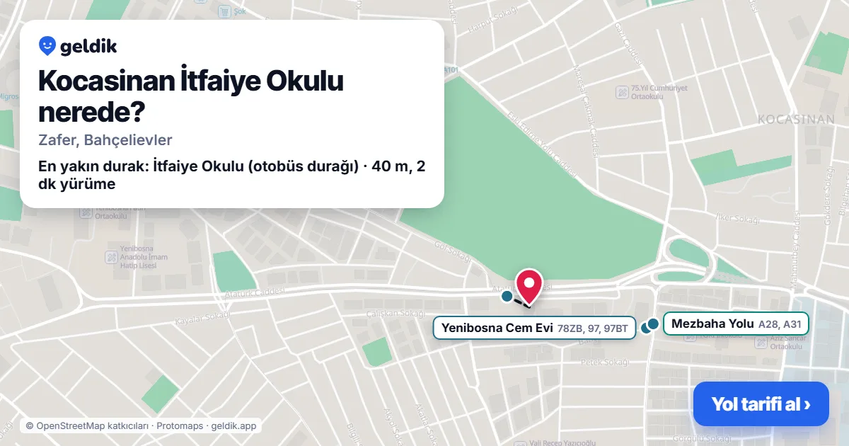 Kocasinan İtfaiye Okulu nerede: haritada konumu ve en yakın duraklar, yürüme süreleriyle