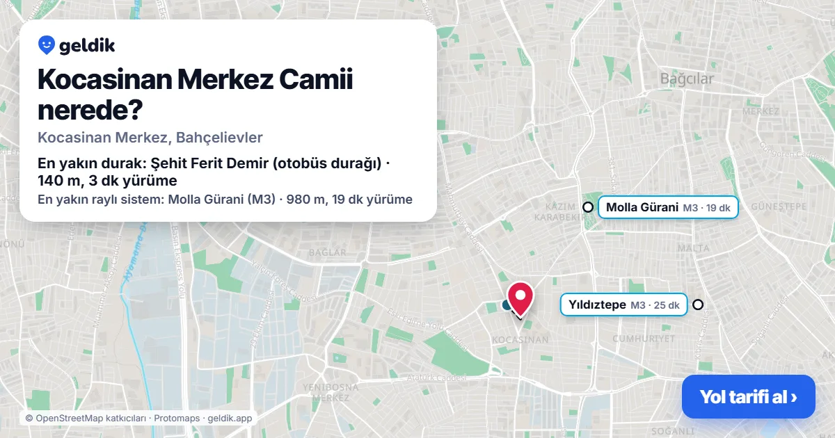 Where is Kocasinan Merkez Camii: map with its location and the nearest stops, with walking times