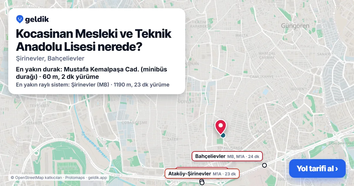 Where is Kocasinan Mesleki ve Teknik Anadolu Lisesi: map with its location and the nearest stops, with walking times