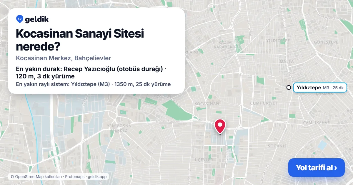 Kocasinan Sanayi Sitesi nerede: haritada konumu ve en yakın duraklar, yürüme süreleriyle