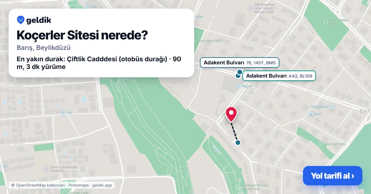 Where is Koçerler Sitesi: map with its location and the nearest stops, with walking times