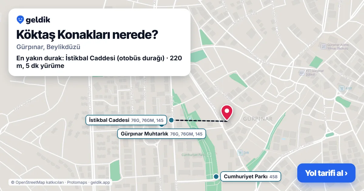Where is Köktaş Konakları: map with its location and the nearest stops, with walking times