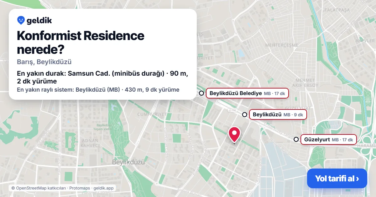 Konformist Residence nerede: haritada konumu ve en yakın duraklar, yürüme süreleriyle