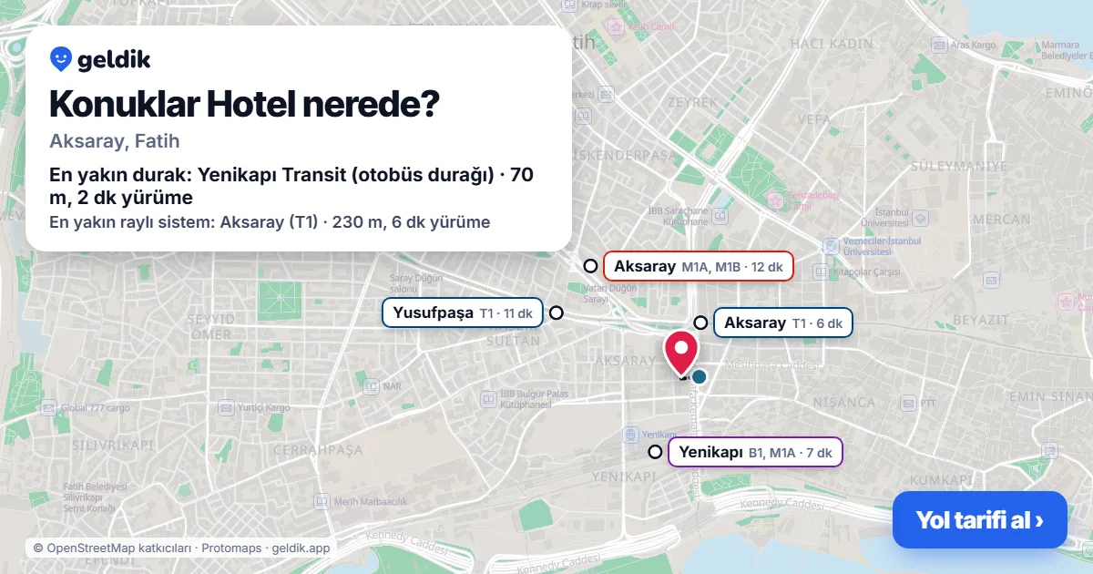 Where is Konuklar Hotel: map with its location and the nearest stops, with walking times