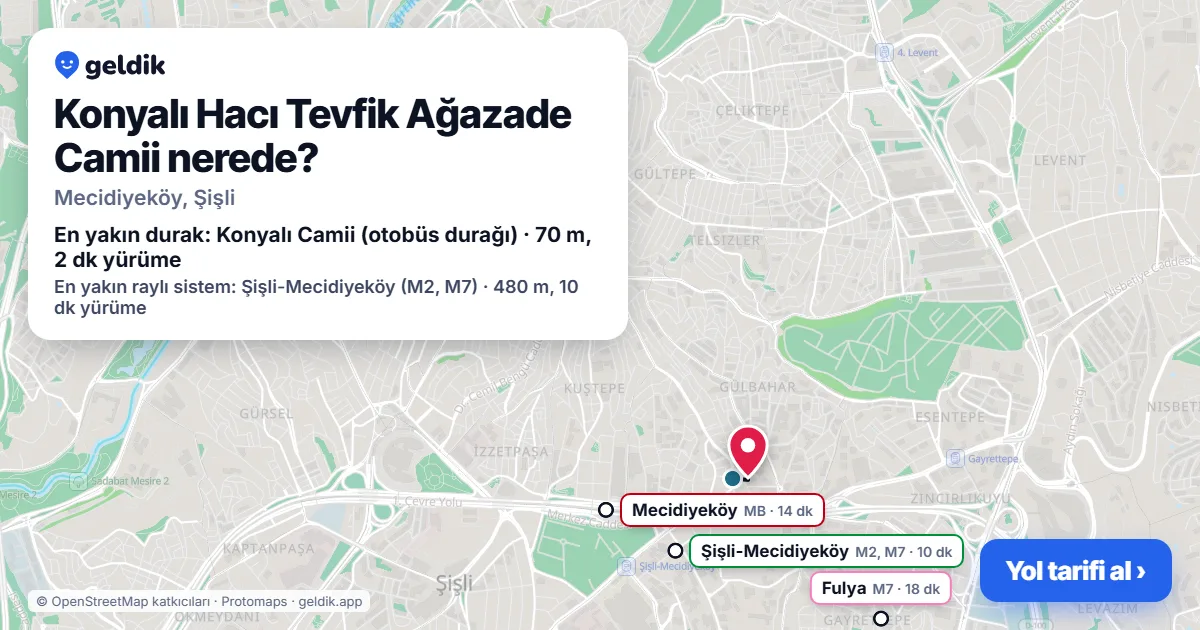 Konyalı Hacı Tevfik Ağazade Camii nerede: haritada konumu ve en yakın duraklar, yürüme süreleriyle