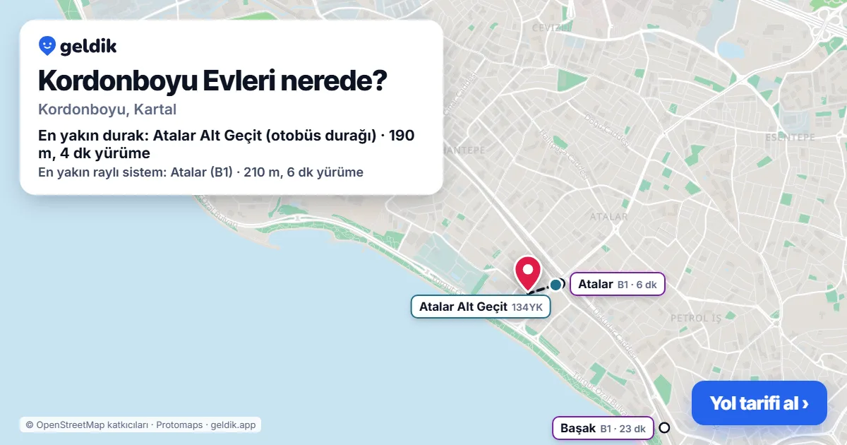 Kordonboyu Evleri nerede: haritada konumu ve en yakın duraklar, yürüme süreleriyle