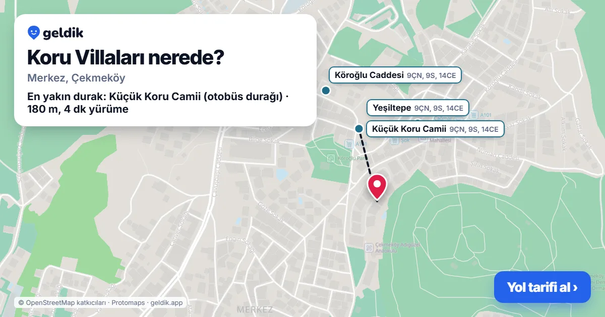 Koru Villaları nerede: haritada konumu ve en yakın duraklar, yürüme süreleriyle