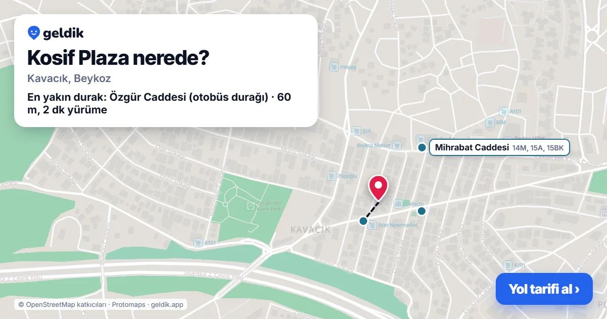 Kosif Plaza nerede: haritada konumu ve en yakın duraklar, yürüme süreleriyle