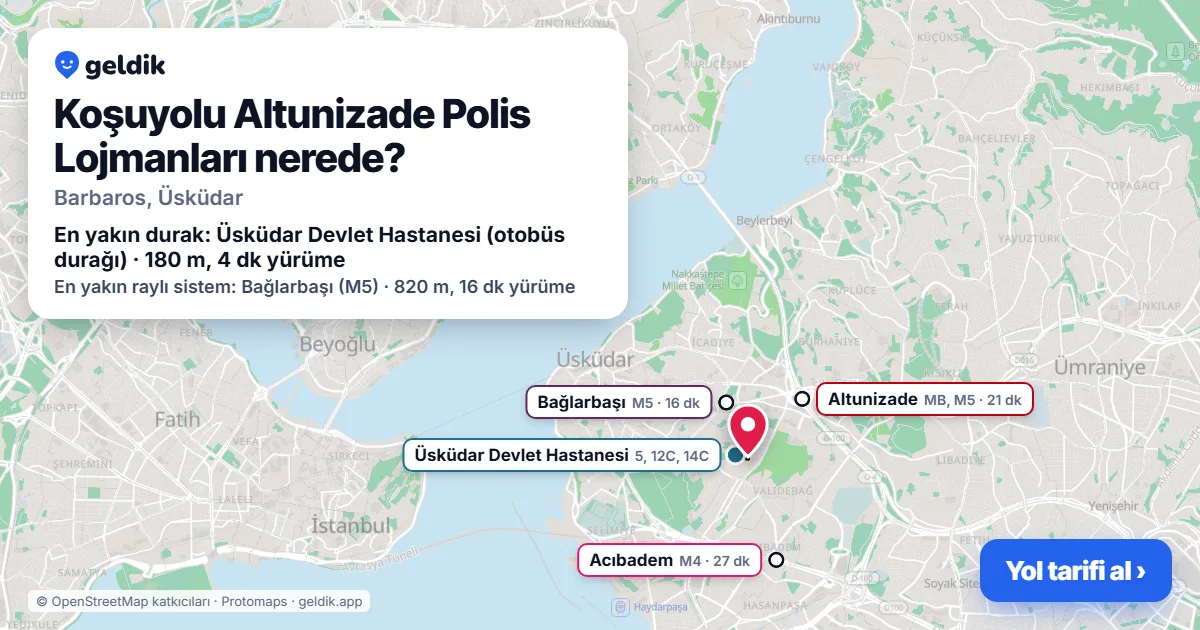 Koşuyolu Altunizade Polis Lojmanları nerede: haritada konumu ve en yakın duraklar, yürüme süreleriyle