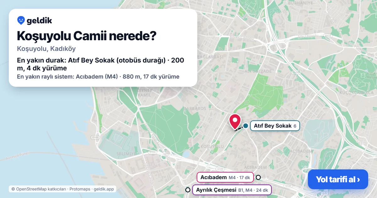Where is Koşuyolu Camii: map with its location and the nearest stops, with walking times