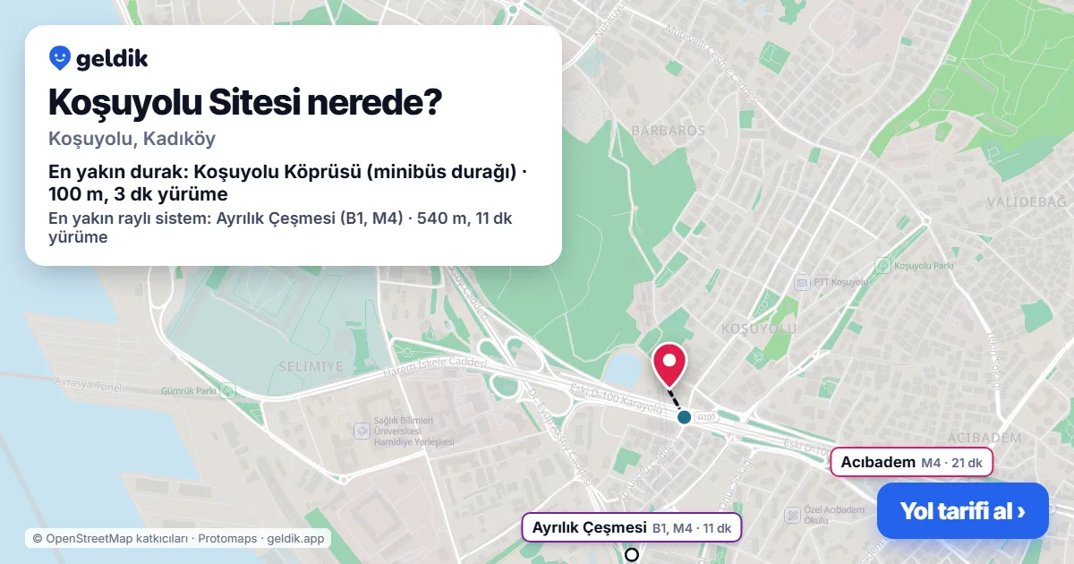 Koşuyolu Sitesi nerede: haritada konumu ve en yakın duraklar, yürüme süreleriyle