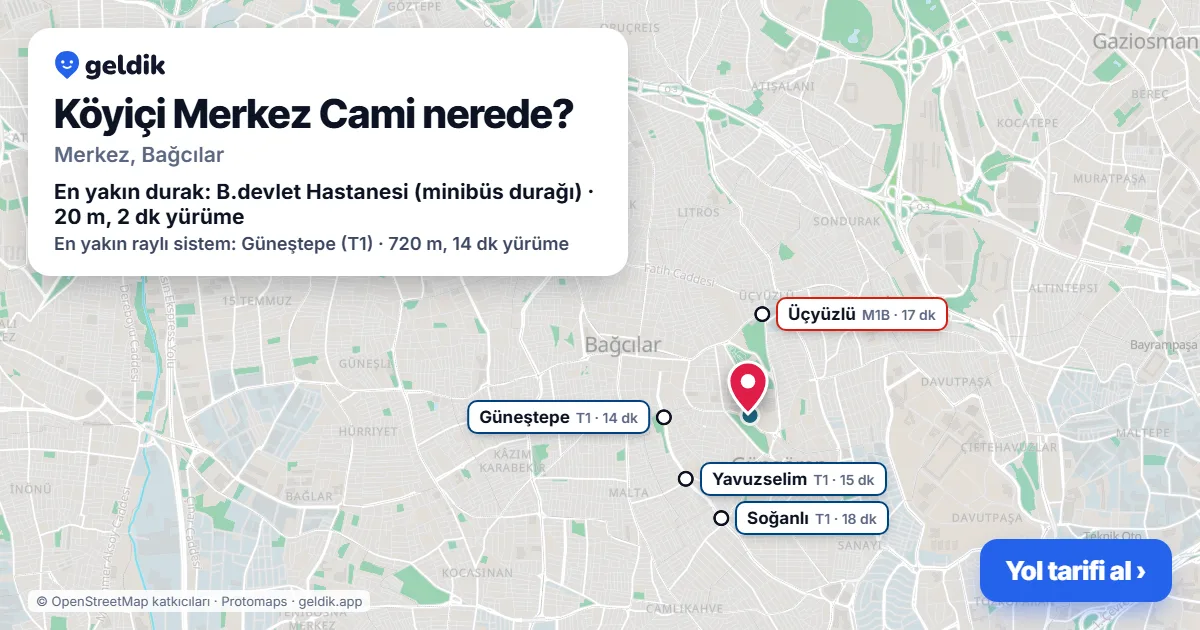 Where is Köyiçi Merkez Cami: map with its location and the nearest stops, with walking times