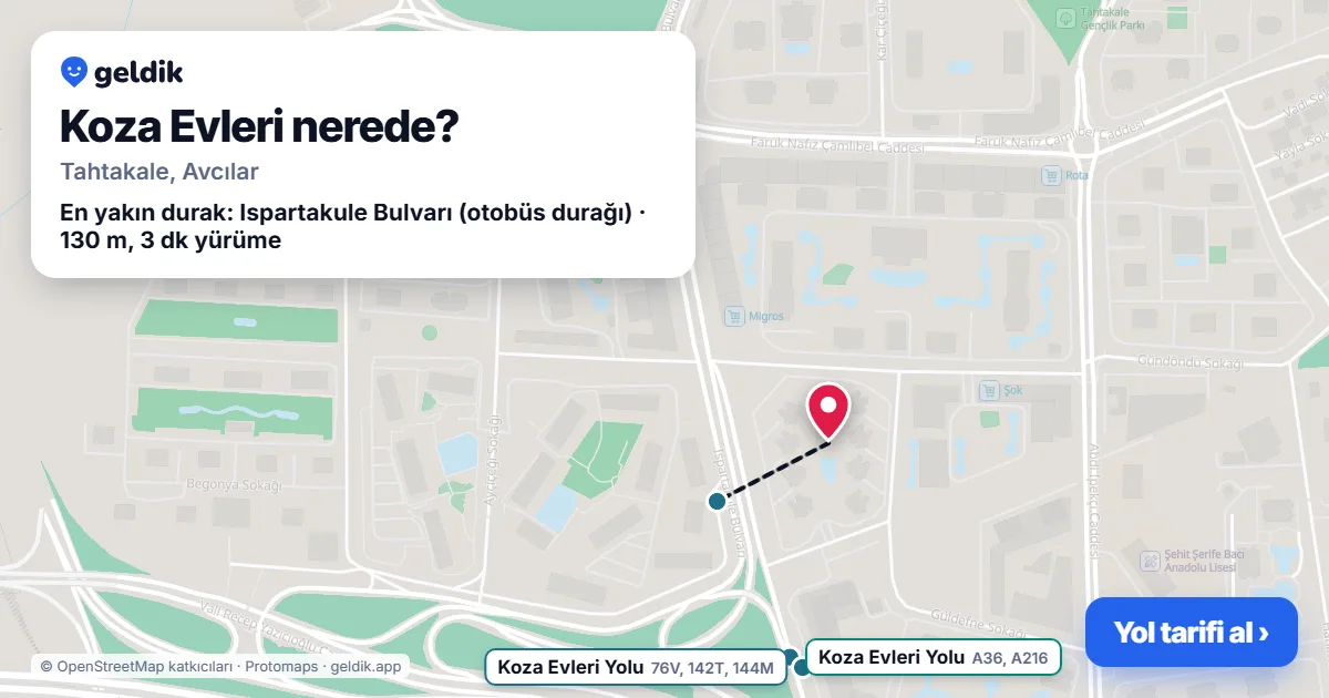 Where is Koza Evleri: map with its location and the nearest stops, with walking times