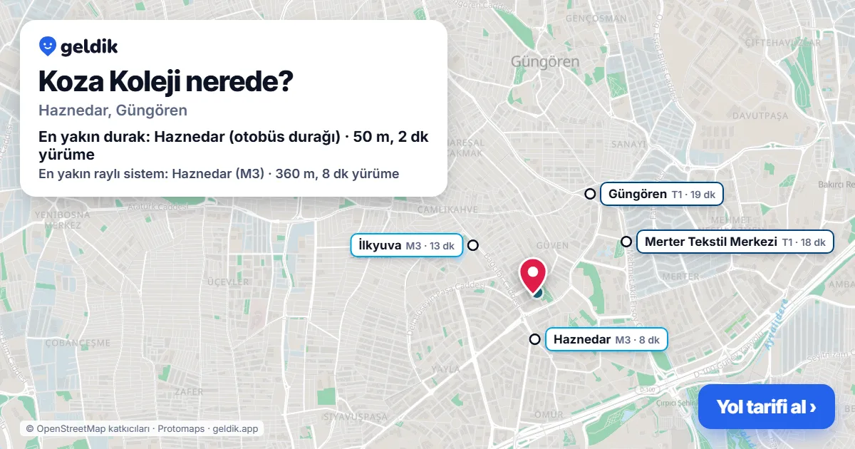Where is Koza Koleji: map with its location and the nearest stops, with walking times