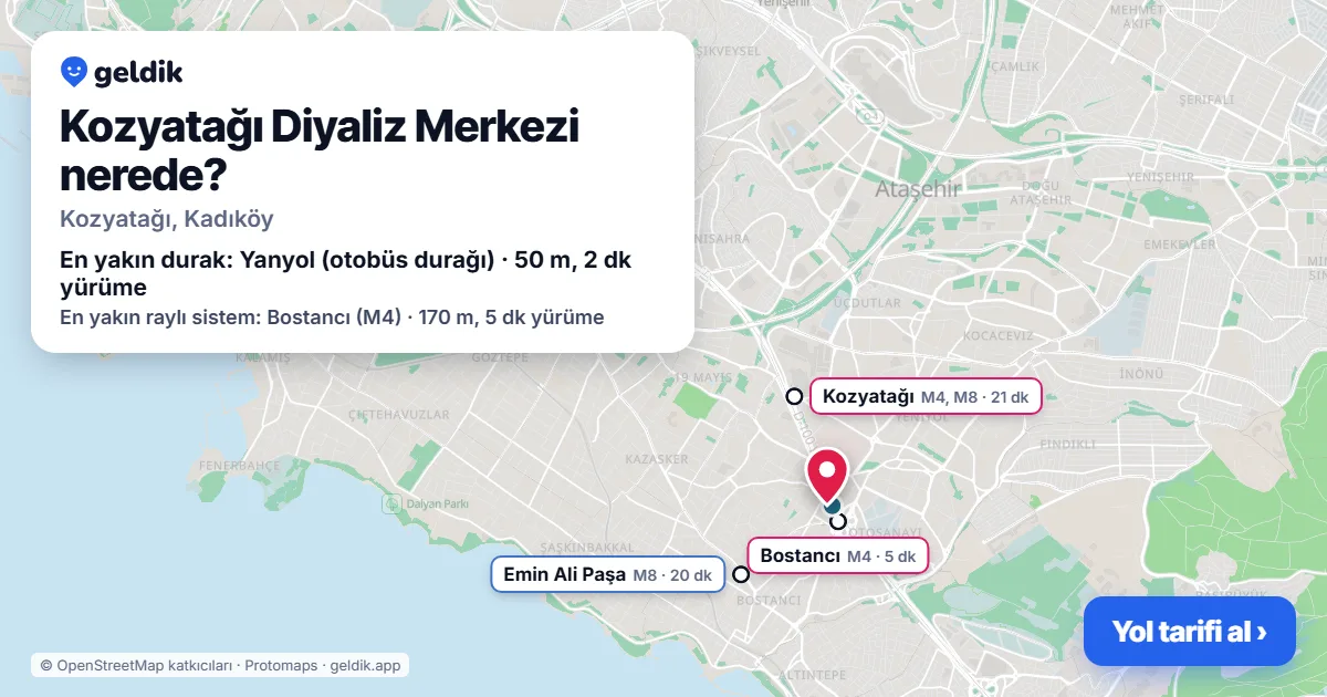 Where is Kozyatağı Diyaliz Merkezi: map with its location and the nearest stops, with walking times