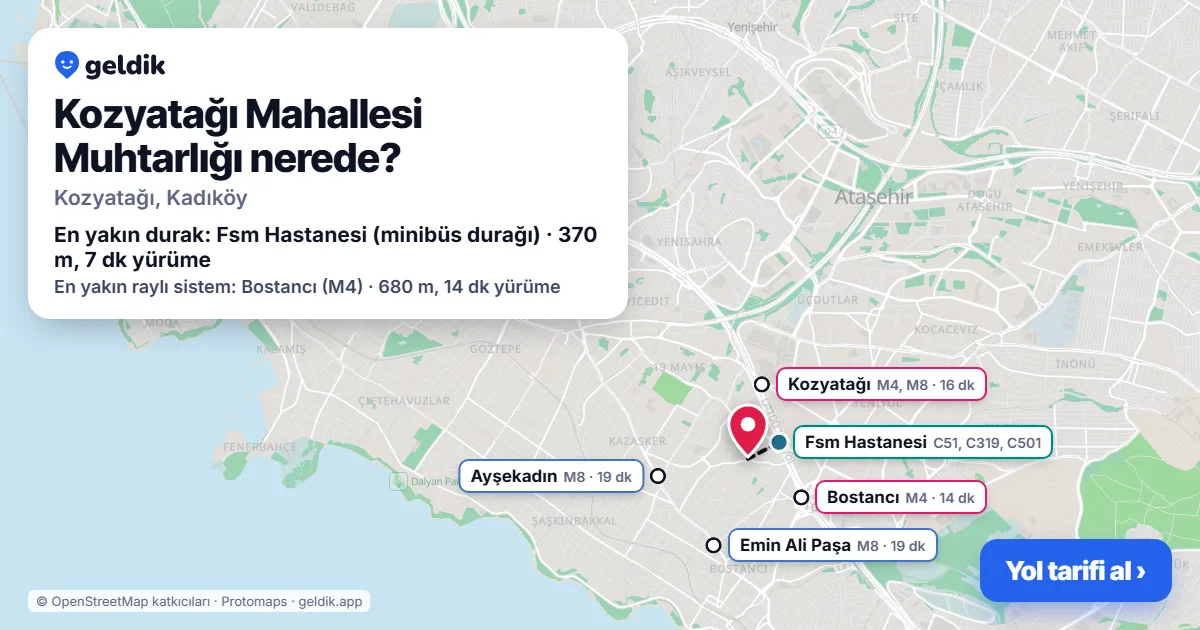 Where is Kozyatağı Mahallesi Muhtarlığı: map with its location and the nearest stops, with walking times