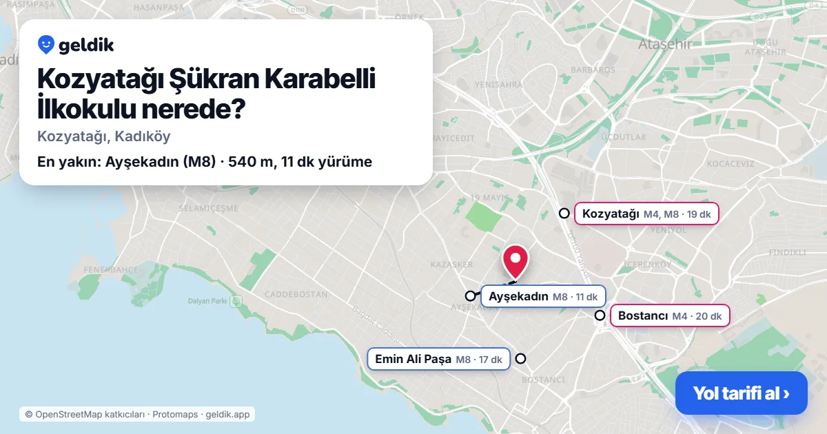 Kozyatağı Şükran Karabelli İlkokulu nerede: haritada konumu ve en yakın duraklar, yürüme süreleriyle