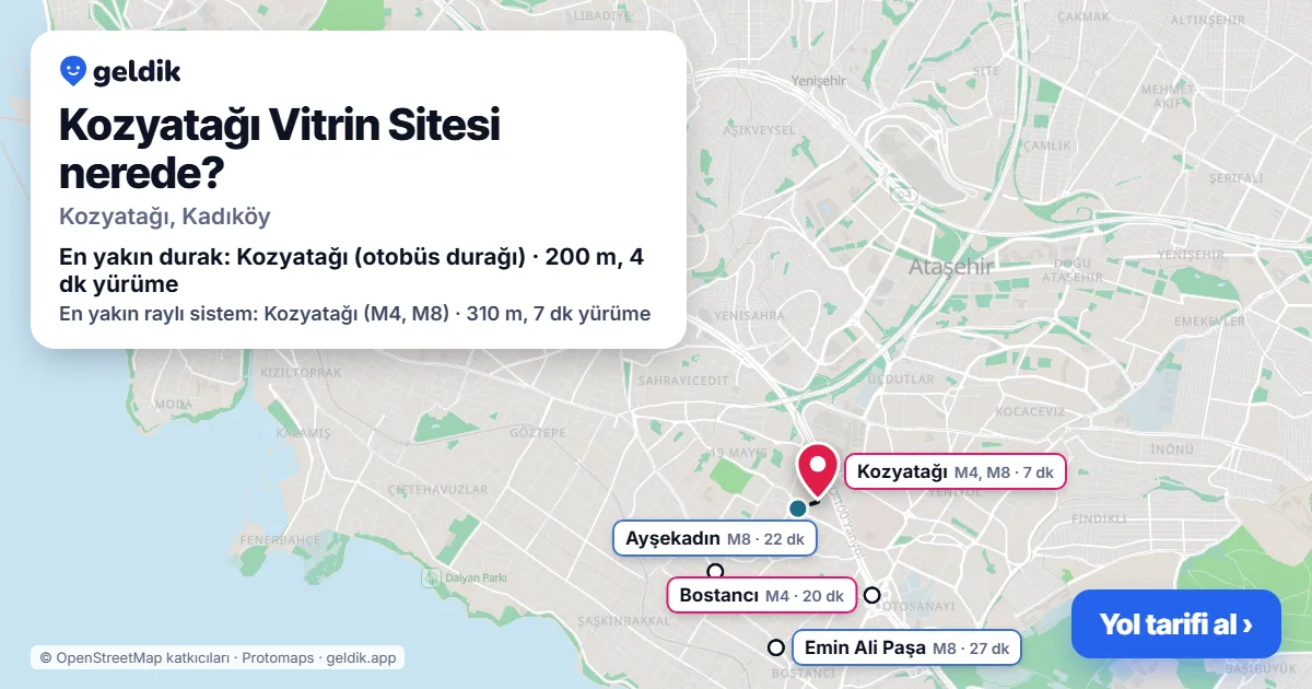 Kozyatağı Vitrin Sitesi nerede: haritada konumu ve en yakın duraklar, yürüme süreleriyle