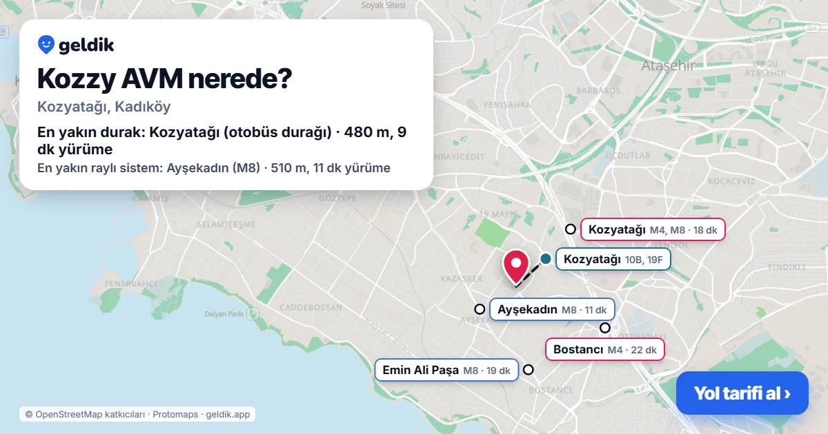 Kozzy AVM nerede: haritada konumu ve en yakın duraklar, yürüme süreleriyle