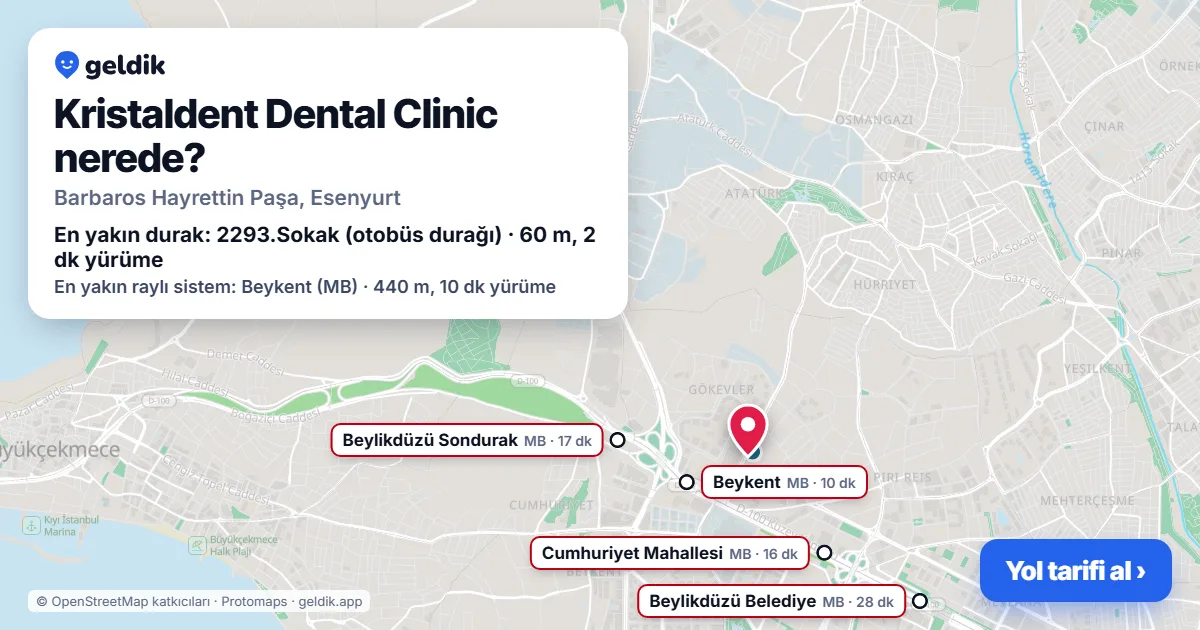 Where is Kristaldent Dental Clinic: map with its location and the nearest stops, with walking times