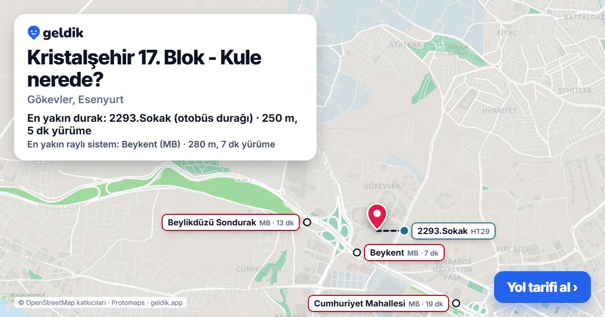 Kristalşehir 17. Blok - Kule nerede: haritada konumu ve en yakın duraklar, yürüme süreleriyle
