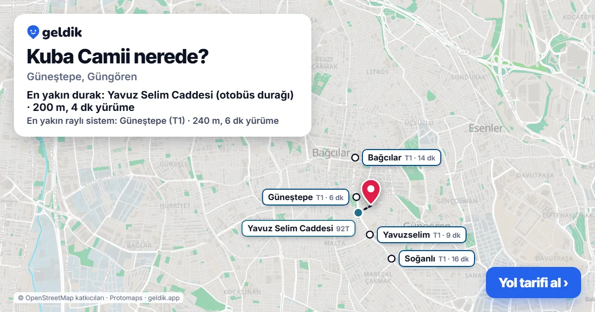 Where is Kuba Camii: map with its location and the nearest stops, with walking times