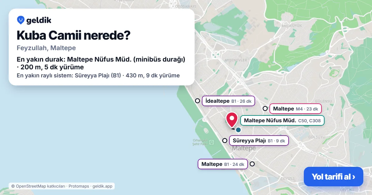 Where is Kuba Camii: map with its location and the nearest stops, with walking times