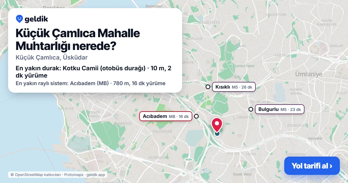 Küçük Çamlıca Mahalle Muhtarlığı nerede: haritada konumu ve en yakın duraklar, yürüme süreleriyle