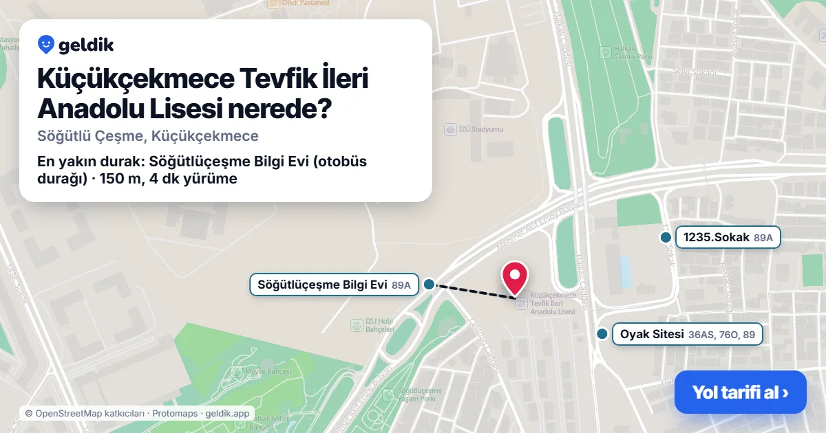 Küçükçekmece Tevfik İleri Anadolu Lisesi nerede: haritada konumu ve en yakın duraklar, yürüme süreleriyle