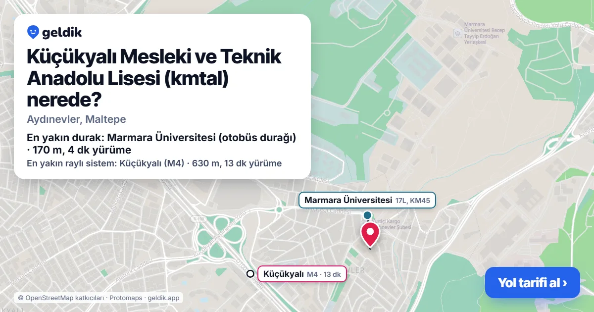 Where is Küçükyalı Mesleki ve Teknik Anadolu Lisesi (kmtal): map with its location and the nearest stops, with walking times