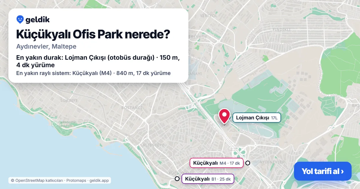 Where is Küçükyalı Ofis Park: map with its location and the nearest stops, with walking times