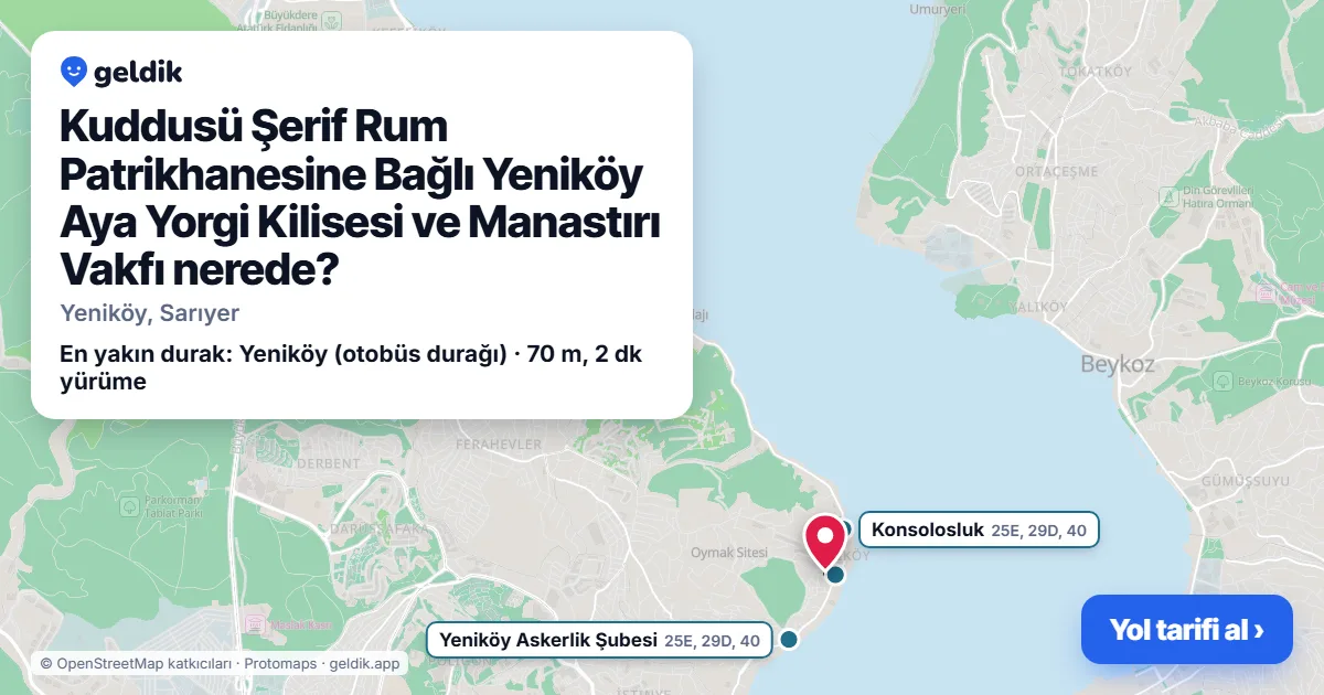 Kuddusü Şerif Rum Patrikhanesine Bağlı Yeniköy Aya Yorgi Kilisesi ve Manastırı Vakfı nerede: haritada konumu ve en yakın duraklar, yürüme süreleriyle